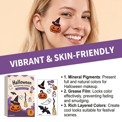 Halloween Temporary Tattoo Stickers Pumpkin Ghost Bat Face Art For Party Waterproof Skin Friendly Makeup Decals 4 Pieces Set