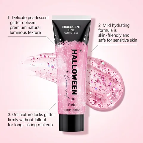 Gel Glitter Rosa Halloween per Trucco Corpo Capelli Viso Gel Scintillante Iridescente per Carnevale Festa Rave Decorazione Festiva