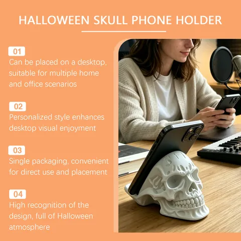 Creativo Porta Cellulare a Teschio di Halloween Supporto in Resina Stampato in 3D Ornamento Scheletro da Scrivania Regalo del Festival