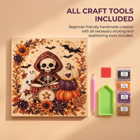 DIY Diamond Painting Halloween Skeleton Drummer Pumpkin Ornament Wooden Frame 3D Resin Rhinestone Mosaic Art Decor For Home