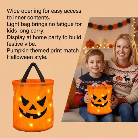 Halloween LED Light Up Pumpkin Candy Bucket Portable Polyester Tote Bag Glowing Jack O Lantern Party Favor Pouch For Kids