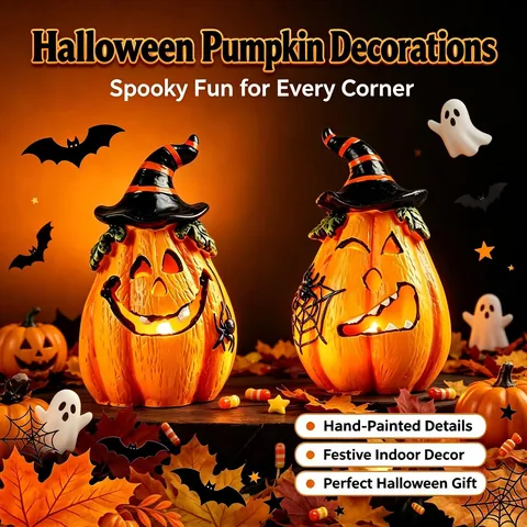 Halloween Resin Pumpkin Figurine with Witch Hat Wood Grain Texture LED Light Up Jack-O-Lantern Spider Statue Home Decor