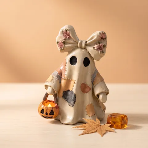 Vintage Patchwork Ghost Figurine With Rose Bow Pumpkin Bucket Resin Halloween Desktop Ornament Home Decor Non Glowing
