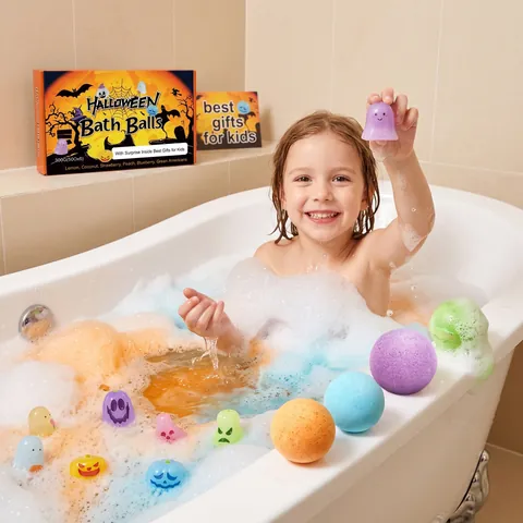 Halloween Bath Bombs Set for Kids with Surprise Toys 6 Pieces 300g Organic Essential Oil Spa Fizzies for Skin Care Gift