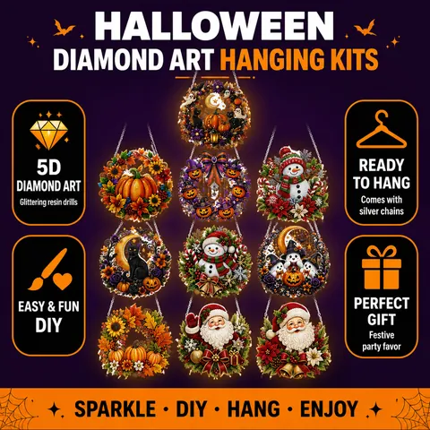 Kit de Suspension Art Diamant 5D DIY Halloween Noël Citrouille Père Noël Bonhomme de Neige Artisanat Strass Maison