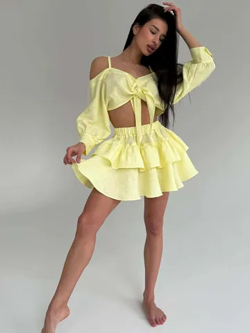 Γυναικείο Έξωμο Crop Top Και Μίνι Φούστα Με Βολάν Πάνω Και Κάτω Κομψό Βαμβακερό Καλοκαιρινό Σύνολο Παραλίας