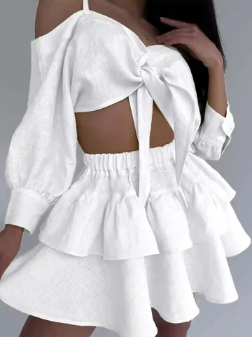 Γυναικείο Έξωμο Crop Top Και Μίνι Φούστα Με Βολάν Πάνω Και Κάτω Κομψό Βαμβακερό Καλοκαιρινό Σύνολο Παραλίας