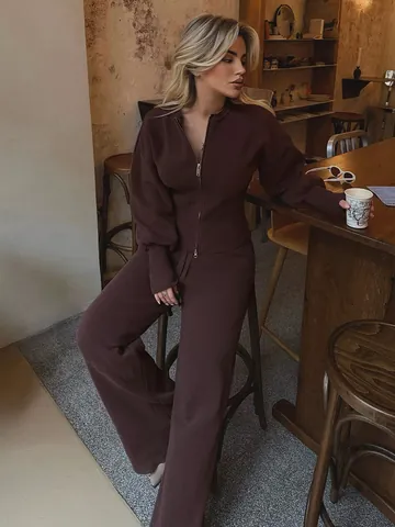 Conjunto De Top Y Pantalón De Punto Para Mujer Top De Punto Ajustado Con Cremallera Y Pantalones De Pernera Ancha De Cintura Alta Ropa De Descanso De Otoño Invierno