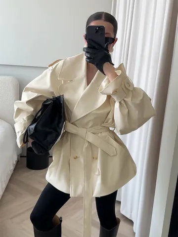 Women Double Breasted Mid Length Trench Coat Lapel Casual Cotton Windbreaker Top with Belt