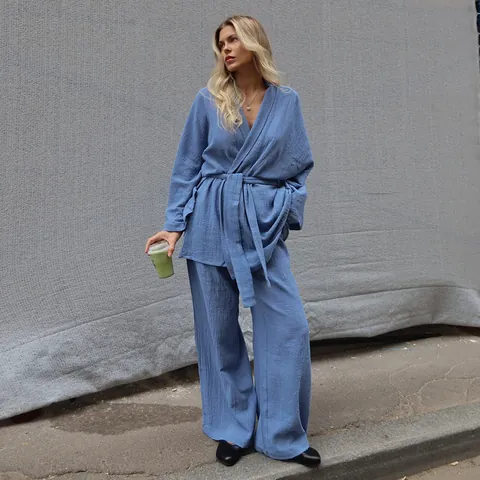 Women's Cotton Pajama Set Long Sleeve Wrap V-Neck Top Wide Leg Pants Crinkle Texture Homewear Set Comfortable Sleepwear Women
