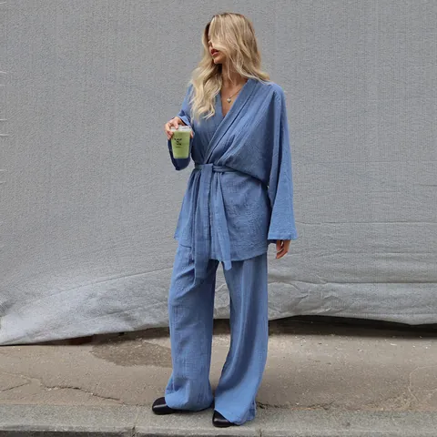 Women's Cotton Pajama Set Long Sleeve Wrap V-Neck Top Wide Leg Pants Crinkle Texture Homewear Set Comfortable Sleepwear Women