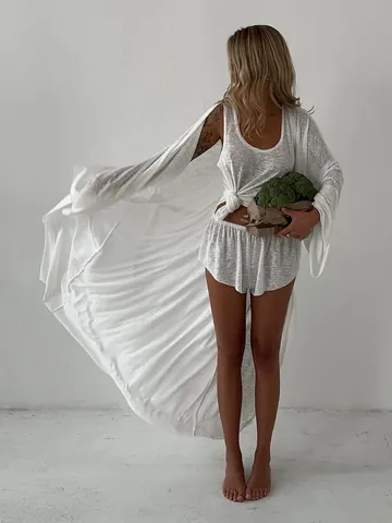 Women White Robe Vest And Shorts Outfits Knitted Translucent Beachwear Casual Outfits Polyester Viscose Long Sleeve Cover Up