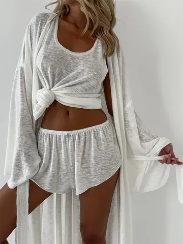 Women White Robe Vest And Shorts Outfits Knitted Translucent Beachwear Casual Outfits Polyester Viscose Long Sleeve Cover Up