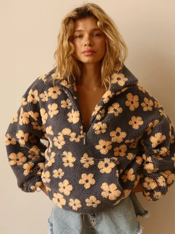 Damen Übergroßer Floral Fleece Hoodie Halber Reißverschluss Pullover Warm Sherpa Sweatshirt Langarm Top Für Winter Casual Streetwear