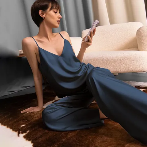 Women Satin Camisole And Long Pants Pajama Set European Style V-Neck Sleeveless Leopard Solid Loungewear Top And Bottom