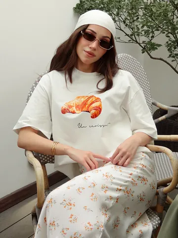Γυναικείο Casual Βαμβακερό T-Shirt με Στάμπα Κρουασάν Oversized Κοντό Μανίκι Τοπ Λευκό