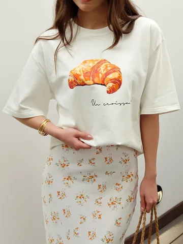 Γυναικείο Casual Βαμβακερό T-Shirt με Στάμπα Κρουασάν Oversized Κοντό Μανίκι Τοπ Λευκό