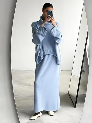 Women High Neck Knit Sweater And Midi Skirt Two Piece Set Autumn Winter Oversized Long Sleeve Viscose Blend Warm Outfits