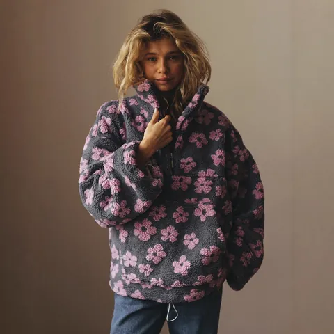 Dames European Style Bloemenprint Polar Fleece Sweatshirt Dik Warm Halve Rits Opstaande Kraag Los Casual Lange Mouwen Top
