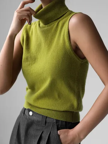 Damen Casual Hochkragen Ärmellos Strickweste Top Gerippter Saum Einfarbig Slim Fit Viskosemischung Tank Top Pullover Herbst
