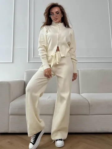 Damen Gestrickt Viskose Polyester Nylon Mischung Top Und Bottom Doppelreißverschluss Slim Fit Pullover Und Weite Hose