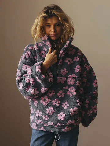 Damen Übergroßer Floral Fleece Hoodie Halber Reißverschluss Pullover Warm Sherpa Sweatshirt Langarm Top Für Winter Casual Streetwear