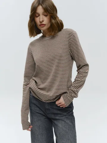 Camiseta de Rayas de Manga Larga para Mujer Cuello Redondo Corte Ajustado Algodón Otoño Invierno Conmutador Capa Base Top Patrón de Rayas Casual Suave Transpirable Ropa