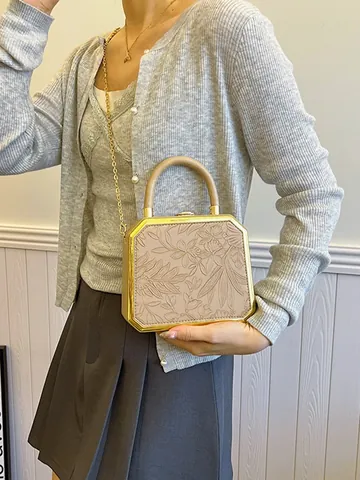 Sac de Soirée Boîte en Cuir PU Octogonal Vintage Avec Motif Floral Gaufré Cadre en Métal Chaîne Dorée Sac à Bandoulière pour Femmes