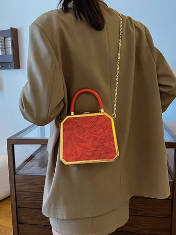 Sac de Soirée Boîte en Cuir PU Octogonal Vintage Avec Motif Floral Gaufré Cadre en Métal Chaîne Dorée Sac à Bandoulière pour Femmes