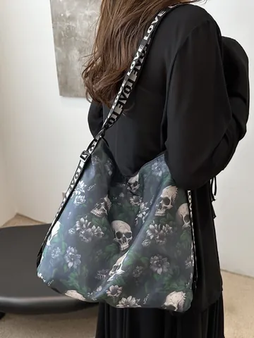 Large Capacity Nylon Crossbody Bag For Women Trendy Gothic Skull Floral Print Shoulder Bag Streetwear Versatile Satchel