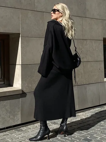 Women Winter Knitted Top And Bottom Set Minimalist V-Neck Oversized Sweater And Midi Skirt Two Piece Viscose Blend Outfit