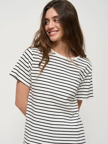 Γυναικείο Μαυρόασπρο Ριγέ T-Shirt Casual Βαμβακερό Ελαστικό Τοπ με Στρογγυλή Λαιμόκοψη και Κοντό Μανίκι για Καθημερινή Χρήση