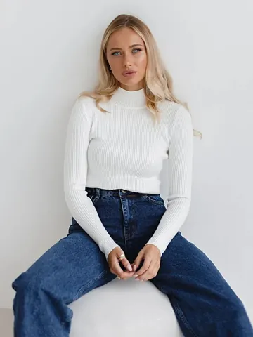 Damen Halbhoher Kragen Gerippter Strickpullover Viskosemischung Schlanke Passform Langarm Pullover Elegant Lässig Büro Tops