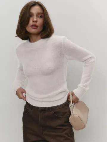 Damen Mohair Mischung Rundhals Pullover Strickpullover Halbtransparent Langarm Weich Minimalistisch Lässig Einfarbig