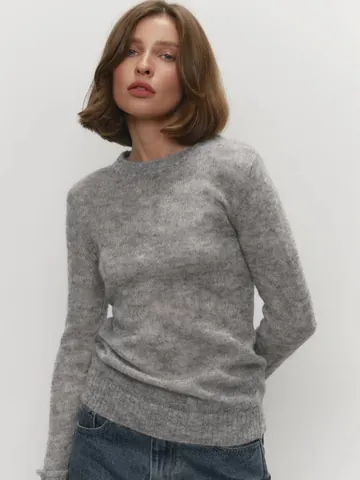 Damen Mohair Mischung Rundhals Pullover Strickpullover Halbtransparent Langarm Weich Minimalistisch Lässig Einfarbig