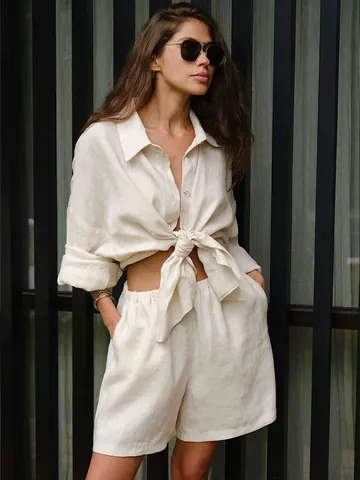 Damen Baumwolle Lässiges Hemd Shorts Set Langarm Bluse Mit Knöpfen Hohe Taille Weite Beine Shorts Top And Bottom Sommer Strand Urlaub Lounge Wear