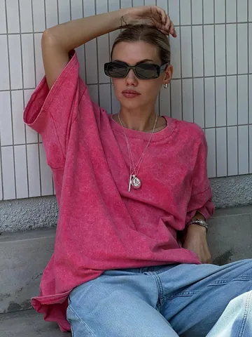 Damen Vintage Acid Wash Oversized Baumwolle T-Shirt Casual Distressed Rundhalsausschnitt Kurzarm Lockeres Streetwear Top Sommer