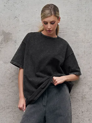 Damen Vintage Acid Wash Oversized Baumwolle T-Shirt Casual Distressed Rundhalsausschnitt Kurzarm Lockeres Streetwear Top Sommer