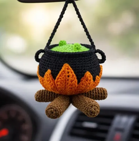 Handmade Crocheted Halloween Cauldron Car Hanging Ornament Knitted Witch Pot With Green Bubbles And Fire For Festive Decor