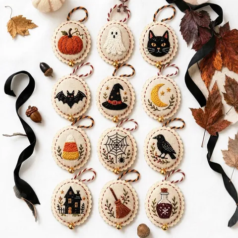 Halloween Embroidered Ornament DIY Kit 12 Pieces Set Handmade Pumpkin Ghost Bat Witch Hat Embroidery Craft For Home Decor