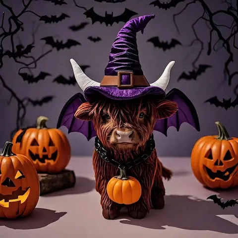 Estatua de Vaca de las Tierras Altas de Resina de Halloween Adorno de Gato Vampiro Con Sombrero de Bruja Lámpara Calabaza Decoración
