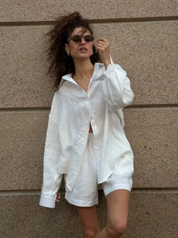Damen Baumwolle Top Und Bottom Langarm Button Down Hemd Und Shorts Casual Sommer Lounge Outfit Minimalistisch Einfarbig