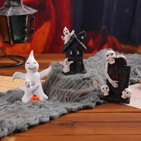 Halloween Resin Haunted House Pumpkin Ornaments Skeleton Ghost Tombstone Desktop Spooky Atmosphere Decor Props Miniature