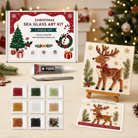 Christmas Sea Glass Art Kit 3D DIY Sea Glass Mosaic Reindeer Santa Christmas Tree Art Craft Set With Frame For Decoration