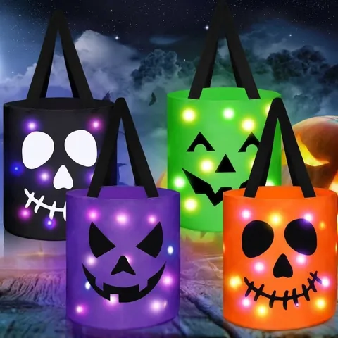 Halloween LED Glowing Candy Bucket Pumpkin Ghost Cat Patterns Portable Polyester Treat Bags For Kids Party Decorations