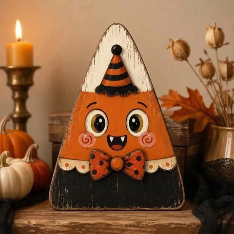 Vintage Halloween Wooden Character Tabletop Decoration Cute Cartoon Pumpkin Ghost Mummy Vampire Cat Ornament Rustic Festive Home Decor