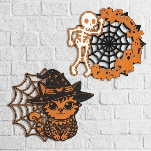 Colgador de Puerta de Madera Halloween Esqueleto Calabaza Gato Telaraña Letrero Pared Corte Láser Decoración Fiesta Hogar