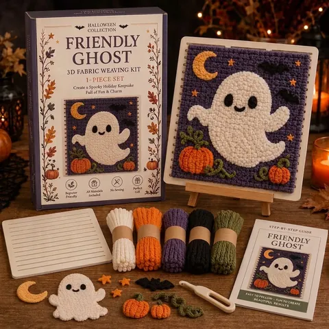 Halloween DIY Punch Needle Kit No-Sewing 3D Fabric Weaving Material Pack Pumpkin Ghost Skull Witch Vampire Mummy Decor Gift