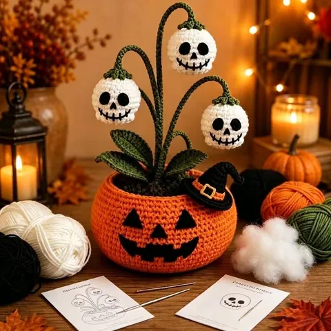 Handmade Crochet Pumpkin Ghost Pot Halloween DIY Kit Cotton Blend Knitted Potted Plant Ornaments Home Party Festive Decor