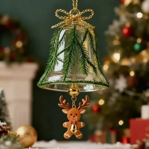 Campanas de Decoración Navideña Adorno Colgante de Vidrio Papá Noel Reno Hombre de Jengibre Lazo Festivo Hogar